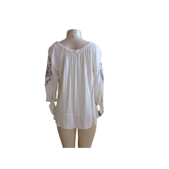 Democracy White Peasant Blouse w Floral Embroidered Sleeves & Tie Cuffs Medium - Picture 4 of 7